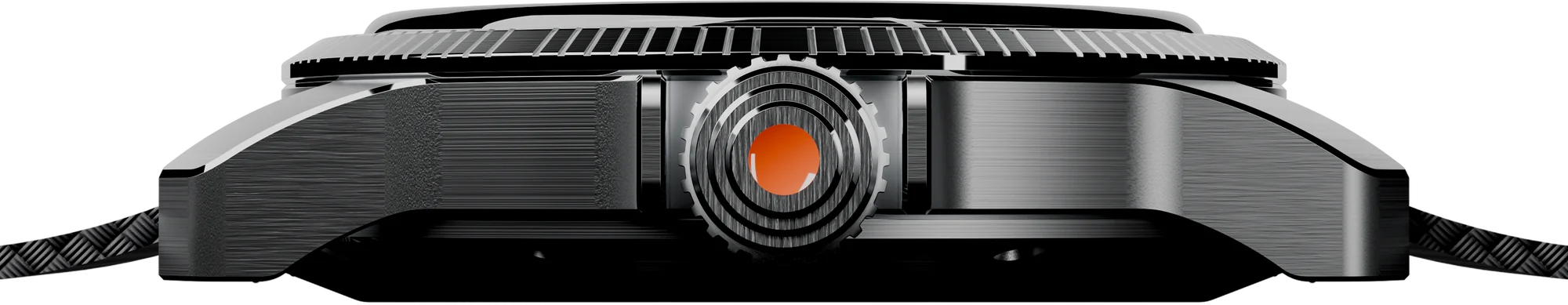 Monomatic side view: screw-down crown with an orange enamel center between the crown guards